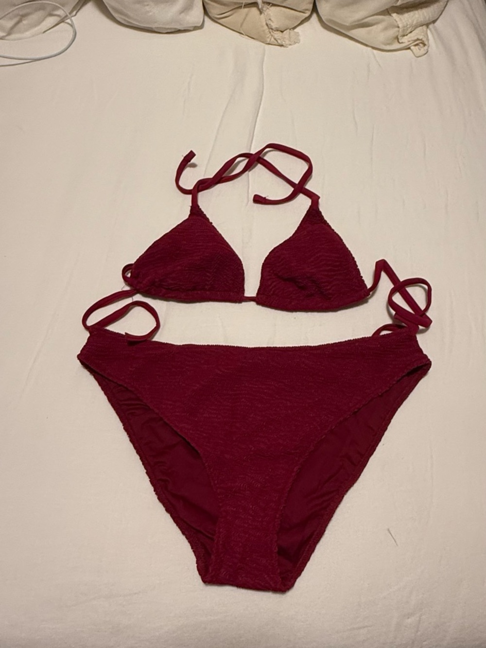 Textured Tie-Side Bikini Set in Deep Maroon